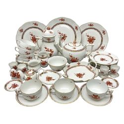 Herend Chinese Bouquet Rose pattern tea service comprising teapot, coffee pot, open sucrier, six cups and saucers, six tea plates, cream jug and stand, milk jug, two teabag holders, preserve pot, two leaf shaped dishes, four egg cups, salt & pepper pots, pair side plates and another plate