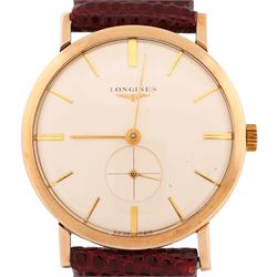 Longines gentleman's 9ct gold manual wind presentation wristwatch, Cal. 19.4, silvered dial with baton hour markers and subsidiary seconds dial, London 1960, on burgundy lizard strap