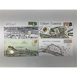 Seventeen old round one pound coin covers, including Royal Beasts' 1998, 'High Value Definitives' 2009, 'The City of London' 2010, 'The City of Belfast' 2010, etc