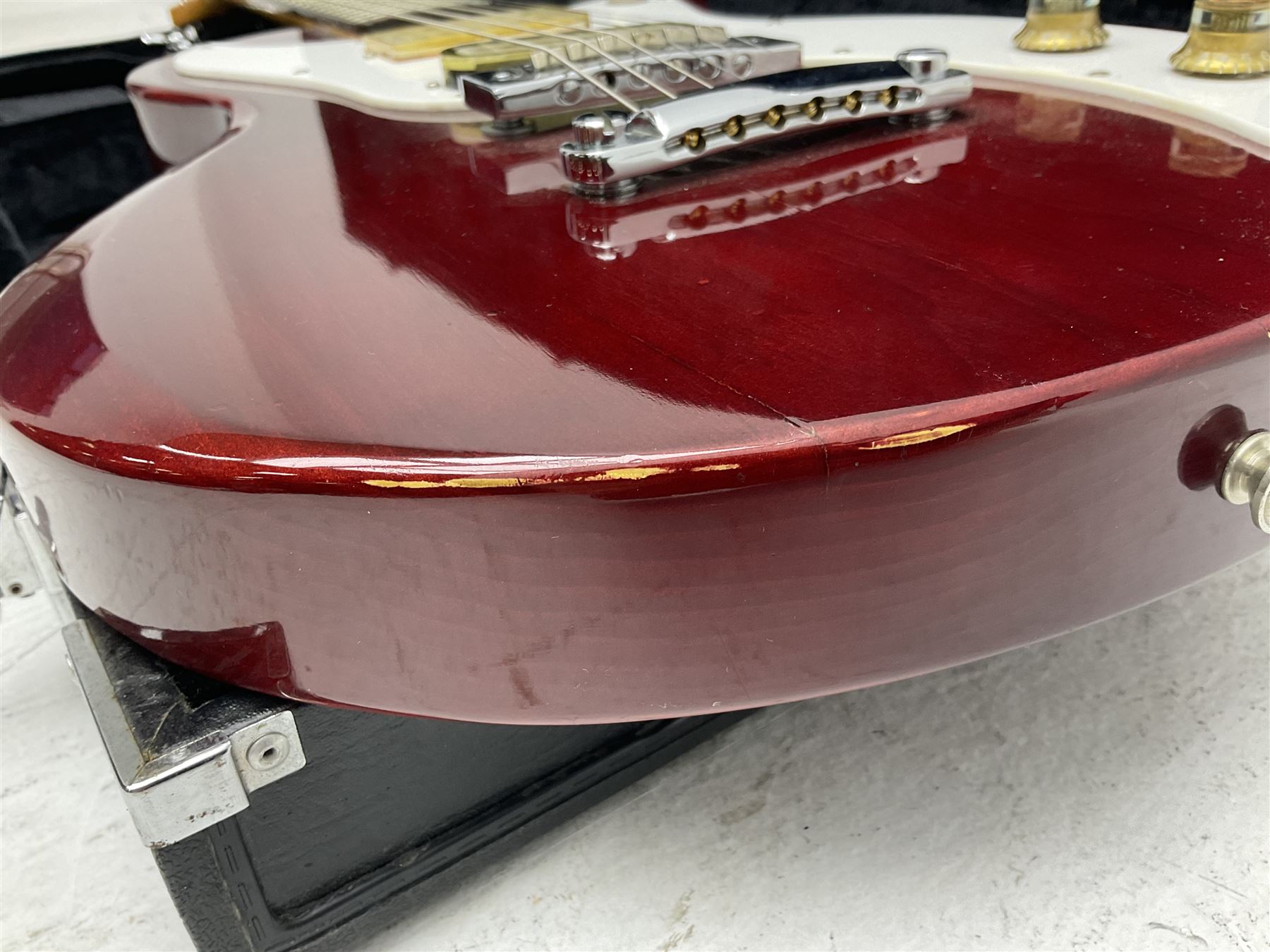 Gibson Marauder style six-string electric guitar with cherry coloured body, marked made in Japan L101cm; in locking hard carry case