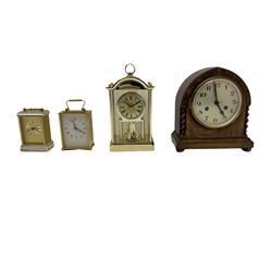 Three quartz mantle clocks and one 1930s mantle clock