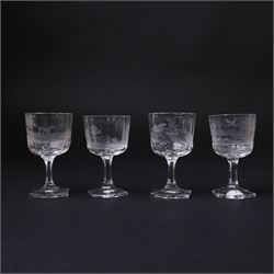 Set of four Galle, Nancy, intaglio engraved liqueur glasses, Gallé, Nancy, circa 1880, each with faceted bucket bowl engraved with animals within landscape settings, two examples engraved 'Galle Reinemer a Nancy', one engraved 'Galle a Nancy', and one unsigned, H7cm, together with a small Bohemian Art Deco amber overlaid glass decanter with stopper and two glasses, decanter H17cm