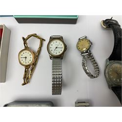 Two ladies 9ct rose gold cased manual wind wristwatches, one on 9ct gold spring loaded strap, together with a continental silver pocket watch and a collection of costume jewellery