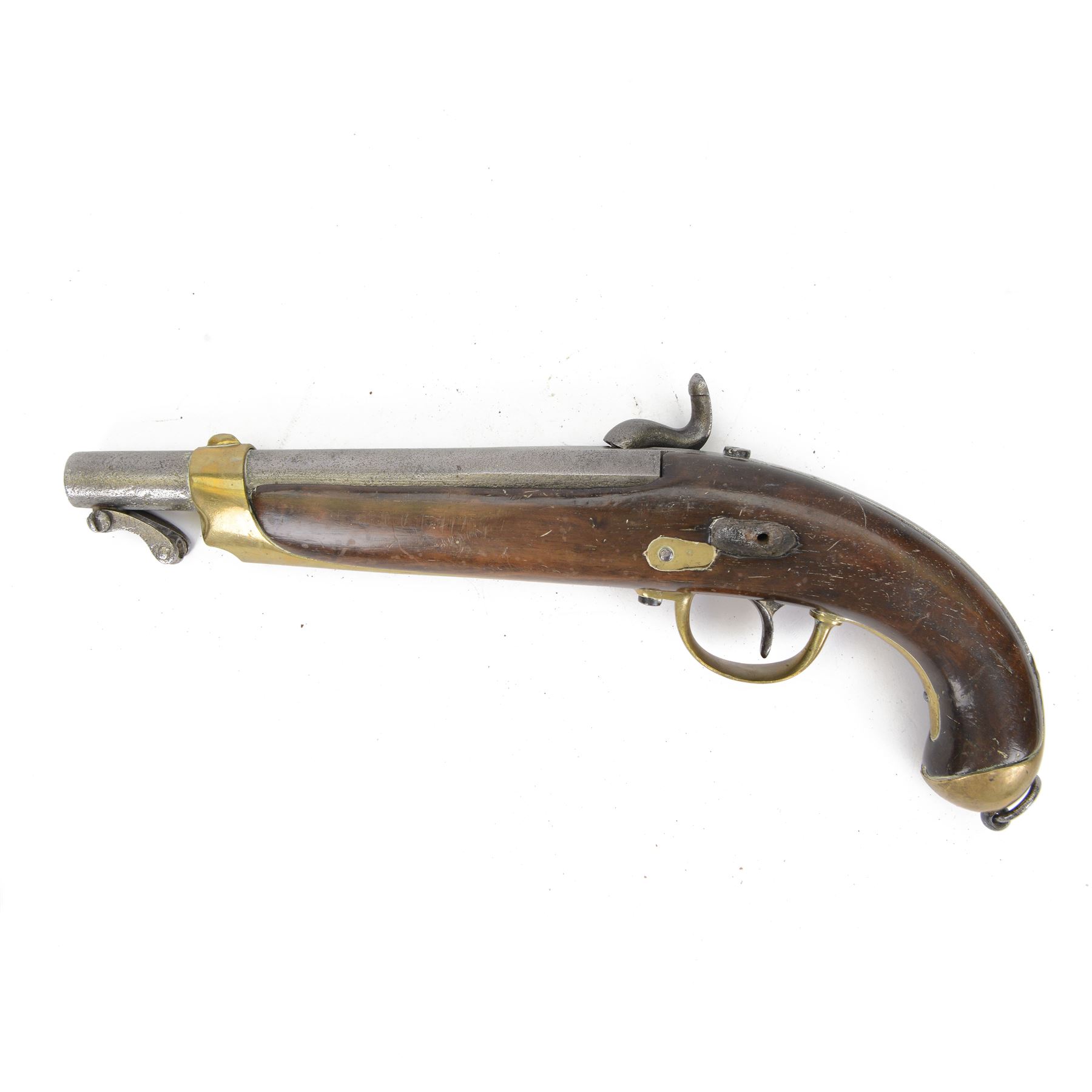 19th century percussion pistol, with round 22cm unsighted barrel with octagonal base, backwards spring lock signed 'PIRLOT FRERES LIEGE'; wooden full stock with brass mounts, belt hook, overall L36cm