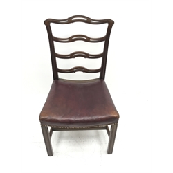 Georgian mahogany Chippendale style chair, moulded frame with pierced and waved slat back, dished leather upholstered seat with stud work, on moulded square supports jointed by stretchers, seat width - 53cm, seat height - 45cm