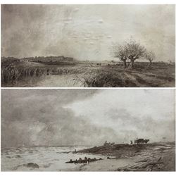George F. Glennie (British fl.1861-1882): 'Coast Nr. Rye' & 'Pett Level Sussex',  pair monochrome watercolours signed and dated 1875, original title labels verso 24cm x 49cm (2)