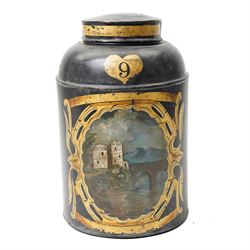 Regency period black toleware canister, painted with a scene of a castle with mother of pe...
