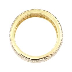 Gold yellow sapphire and diamond three row full eternity ring, channel set calibre cut sapphires, with a row of round brilliant cut diamonds set either side, stamped 9K, total sapphire weight approx 2.95 carat, total diamond weight 0.85 carat