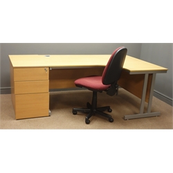  'L' Shaped oak Office desk, grey finish metal supports, (W158cm, H71cm, D118cm), a matching three drawer cabinet and a chair  