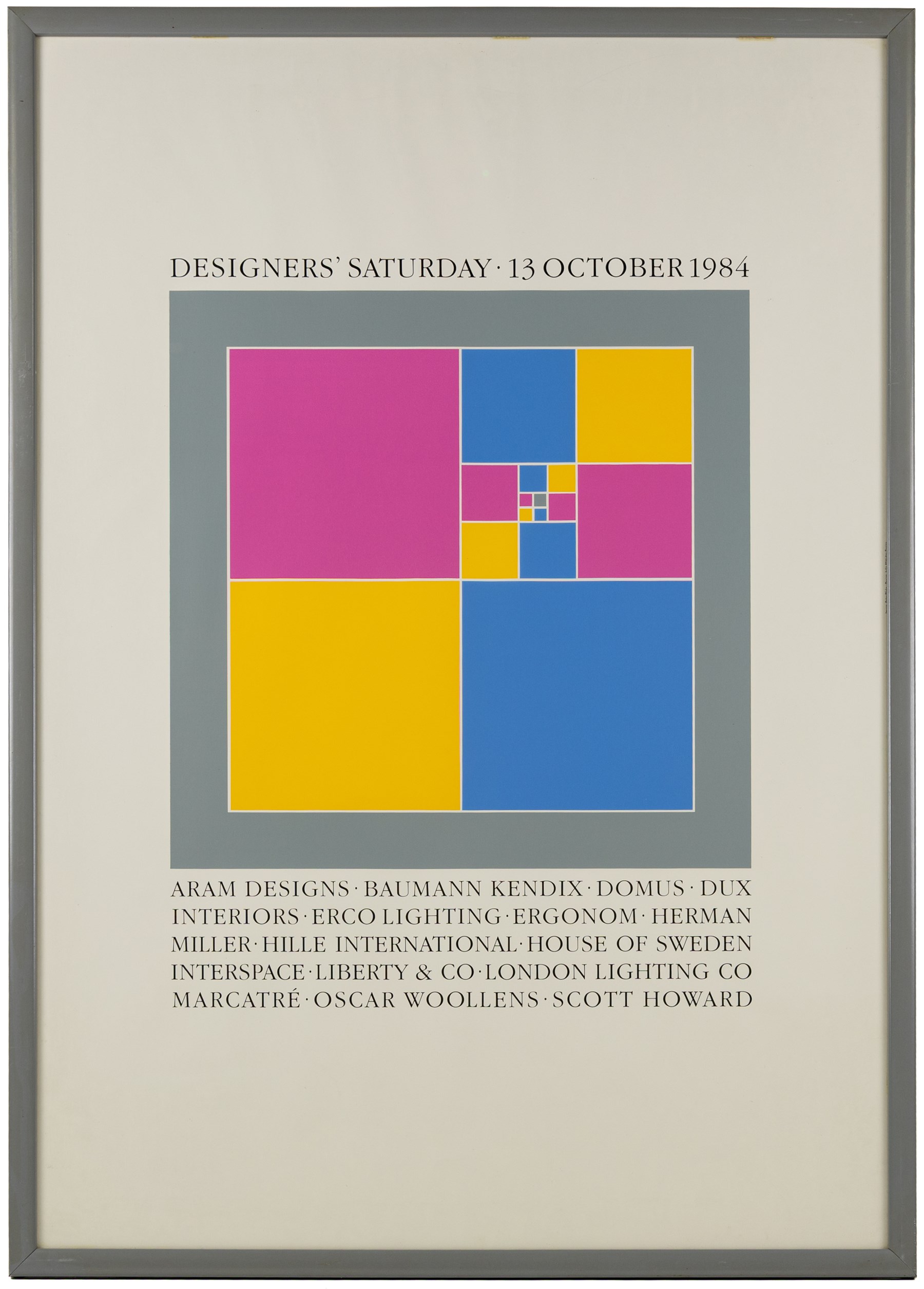 After Sir Peter Blake (British 1932-): Designers' Saturday - 13 October 1984, lithographic poster 83cm x 58.5cm
Notes: This event, held at multiple showrooms across London, gave interior designers and architects the opportunity to meet with suppliers outside of regular working hours. The idea originated in New York, and has since been repeated in many major European cities, and still takes place in Oslo.