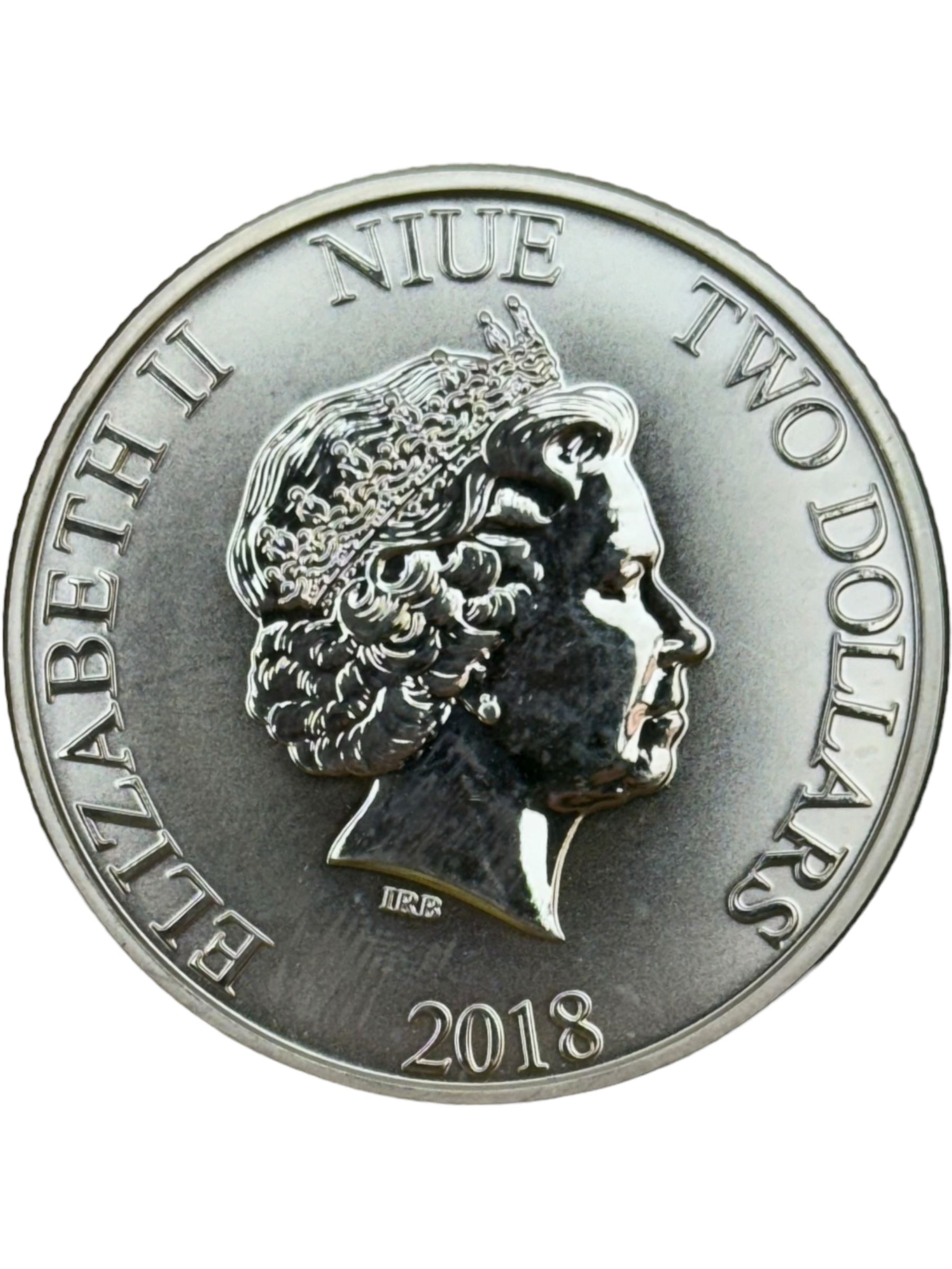 Five Queen Elizabeth II Niue one ounce fine silver two dollars coins dated 2016 'Turtle', 2017 'Panda', 2017 'Darth Vader', 2018 'Stormtrooper', 2019 'Clone trooper' and two Fiji one ounce fine silver one dollar coins dated 2015 'Iguana', 2016 'Iguana' (7)