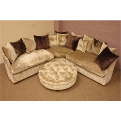  Large corner sofa upholstered in silver velour type fabric with scatter cushions and a deep buttoned circular footstool, L452cm, H74cm, D84cm  