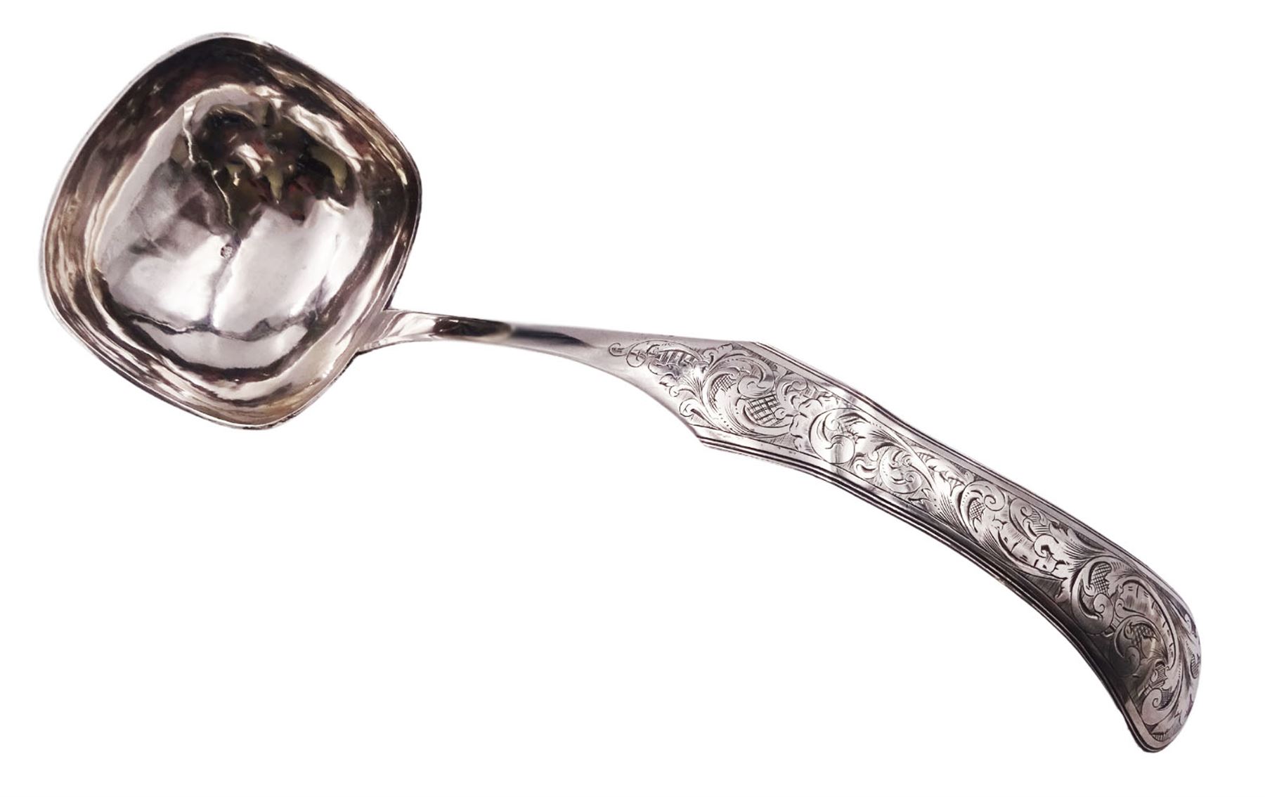Mid 19th century Dutch silver 833 standard soup ladle, with rounded rectangular bowl, the shaped and curved stem engraved with foliate scrolls, marked with Lion Passant, Minerva Head with letter A for Amsterdam, date letter for 1847 and makers mark, approximate L30cm, approximate weight 4.52 ozt (140.6 grams)