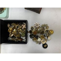 Collection of costume jewellery including enamel and marcasite flower brooch, two V Villani Italy bangles, clip on earrings, brooches, bangles, beaded necklaces and a Skagen wristwatch