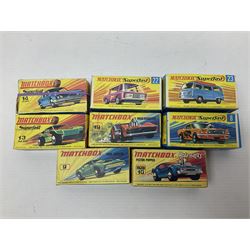 Matchbox 1-75 Series 'Superfast' ex-shop stock - eight models comprising 8f Wildcat Dragster, 9e AMX Javelin, 10e Piston Popper, 13e Baja Buggy, 14d Iso Grifo, 19e Road Dragster, 22d Freeman Intercity Commuter and 23e Volkswagen Camper; all boxed (8)