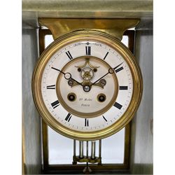 Henry Marc - Early 20th century 8-day French art deco mantle clock c1910, in a green mottled marble case with a stepped flat top and deep moulded plinth, brass framed bevelled front and rear glass doors, two part enamel dial with a visible Brocot deadbeat escapement and pendulum regulation, steel moon hands and Roman numerals, Parisian twin train rack striking movement with a visible twin file mercury pendulum, striking the hours and half-hours on a bell.