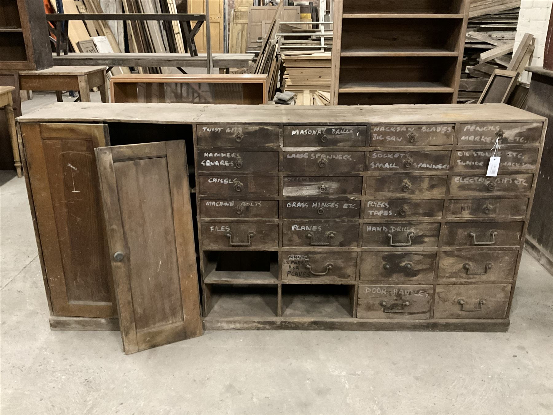 19th century pine multi-drawer workshop cabinet, fitted with double cupboard and drawers - THIS LOT IS TO BE COLLECTED BY APPOINTMENT FROM THE OLD BUFFER DEPOT, MELBOURNE PLACE, SOWERBY, THIRSK, YO7 1QY