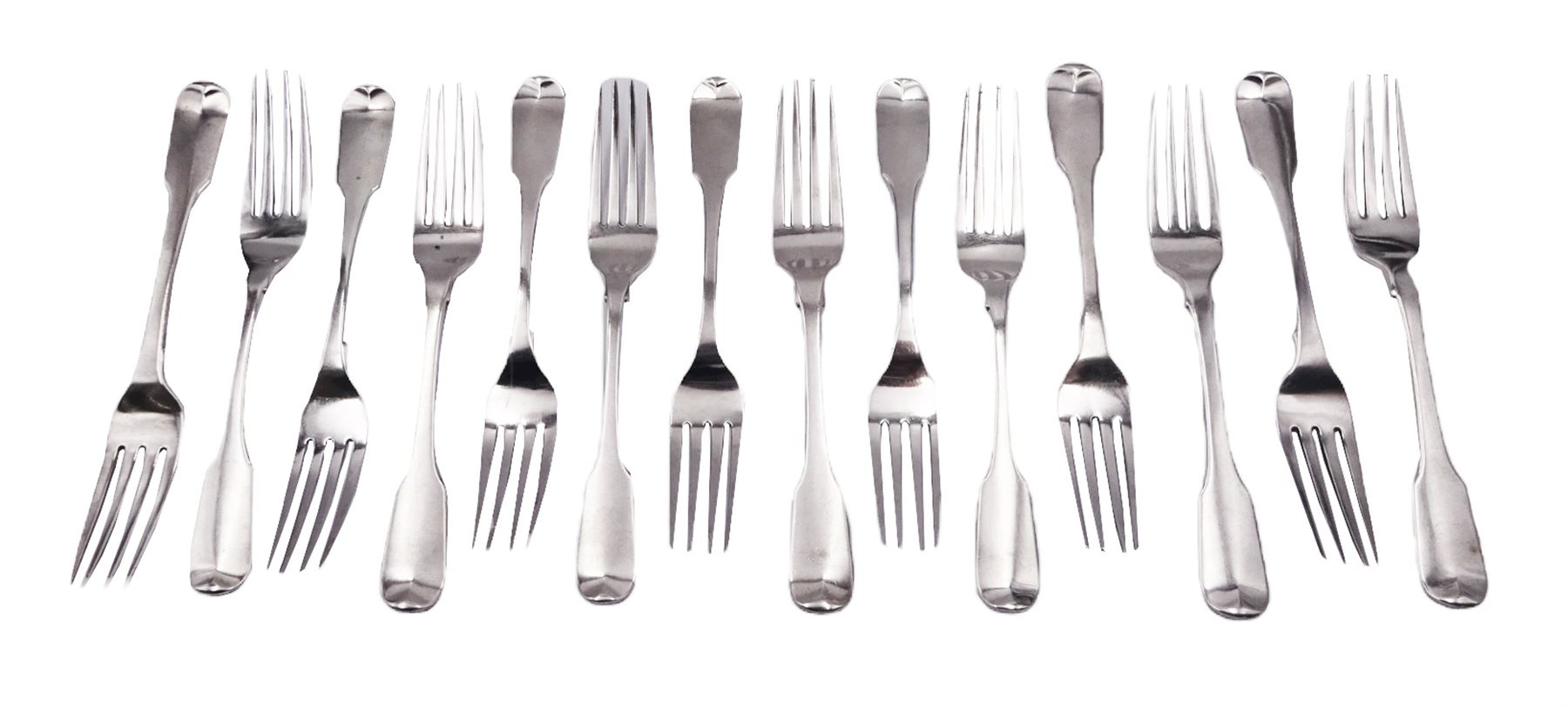 Fourteen George IV provincial silver Fiddle pattern dessert forks, hallmarked James Barber, George Cattle II & William North, York 1826, and James Barber & William Whitwell, York 1828, L16cm, approximate total weight 18.56 ozt (577.4 grams)