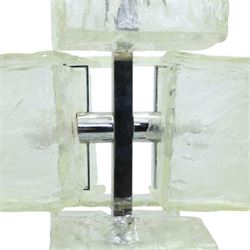 1970s modernist chrome standard lamp, fitted with six textured ice-glass cuboid shades arranged at differing heights, square-section stem on shaped marble plinth base