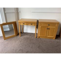 Light oak side cabinet, matching side table and two mirrors- LOT SUBJECT TO VAT ON THE HAMMER PRICE - To be collected by appointment from The Ambassador Hotel, 36-38 Esplanade, Scarborough YO11 2AY. ALL GOODS MUST BE REMOVED BY WEDNESDAY 15TH JUNE.