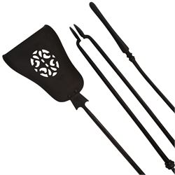 Set of three 19th century brass and steel fire irons, each with tapering and hexagonal capped handles, comprising poker, tongs and shovel with pierced detail, poker L84cm