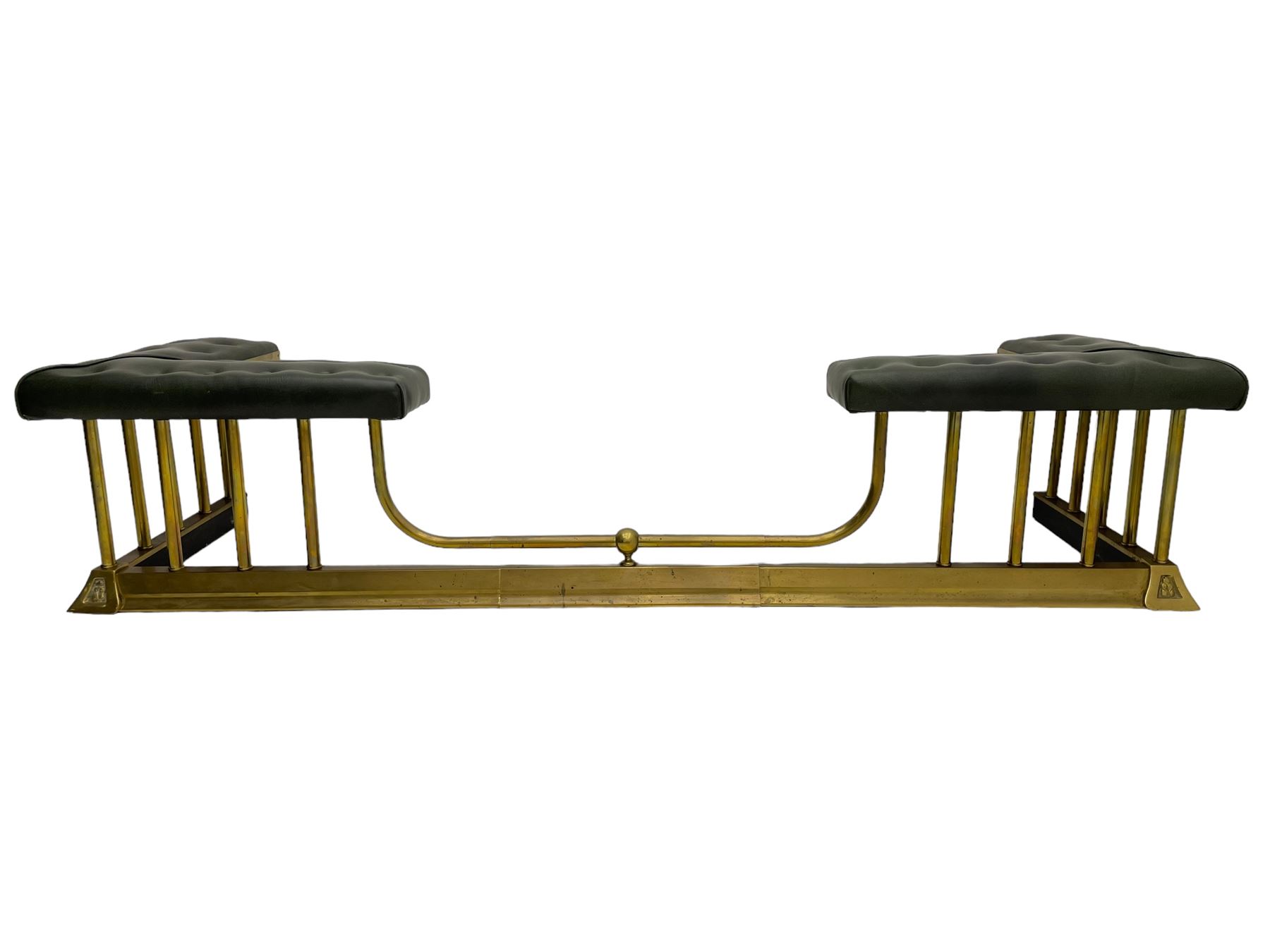 Victorian design brass telescopic extending club fire fender, the corner seats upholstered in buttoned green fabric over plain balustrade, on moulded base with floral cast corner brackets 