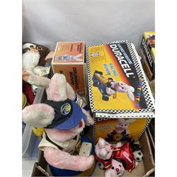Collection of Duracell Bunny collectibles to include Racing Bunny, Fireman Bunny, Dancing Bunny etc in original boxes; Bandai collectable characters, Gremlins 2 Gizmo plushies from Applause, further soft toys and collectables etc, in three boxes 