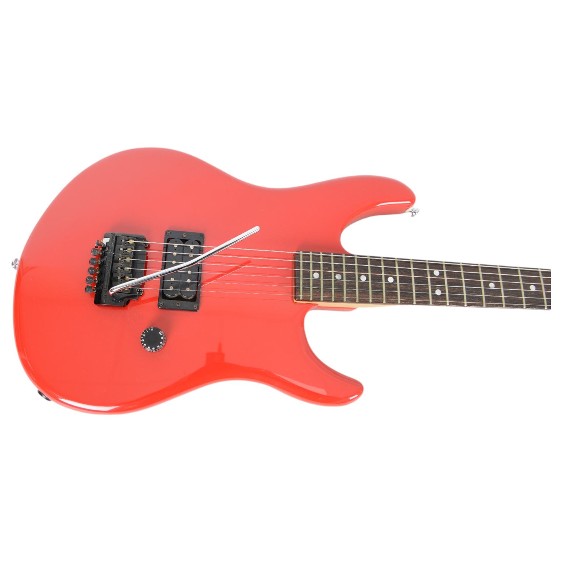 1980s American Peavey Nitro I hand-made electric guitar with Kahler tremolo, in bright red finish, serial no. 02786479, L97cm, in Gear4Music soft carry case