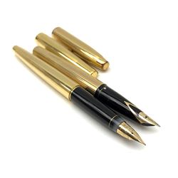 A Sheaffer Imperial Triumph fountain pen, the electroplated body with vertical band decoration, and nib marked 14K 585, together with a further Sheaffer fountain pen, with similarly decorated electroplated body, and nib marked 14K, in unassociated case. 