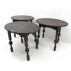 Three oval bog oak bar tables, square supports with cup and cover detailing