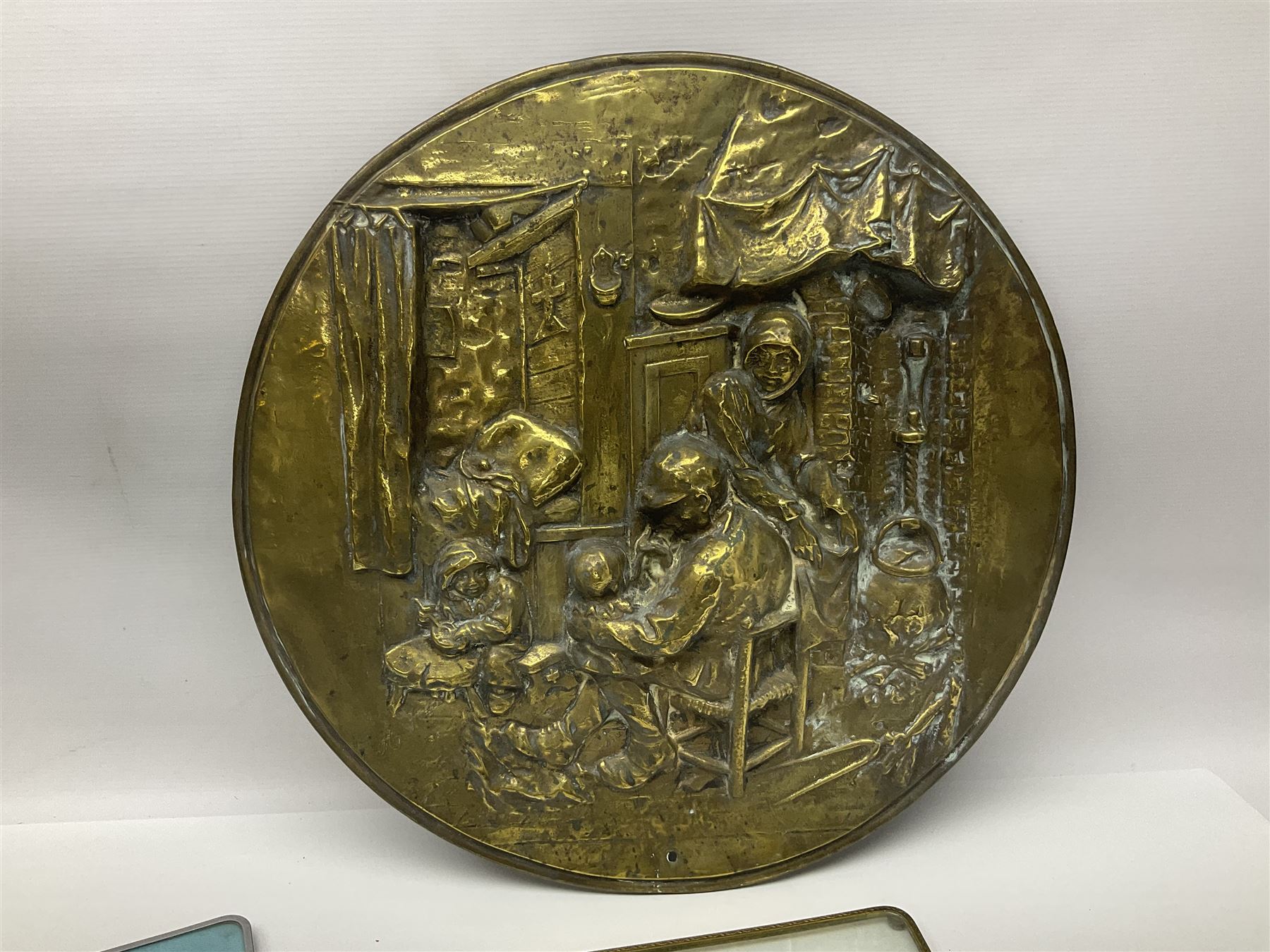 Tapestry fire screen, together with walking sticks, barometer, brass charger etc 