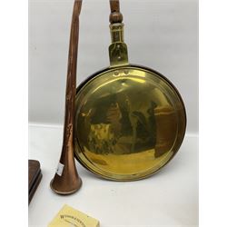 Cased sewing machine, together with bed warmer and copper hunting horn