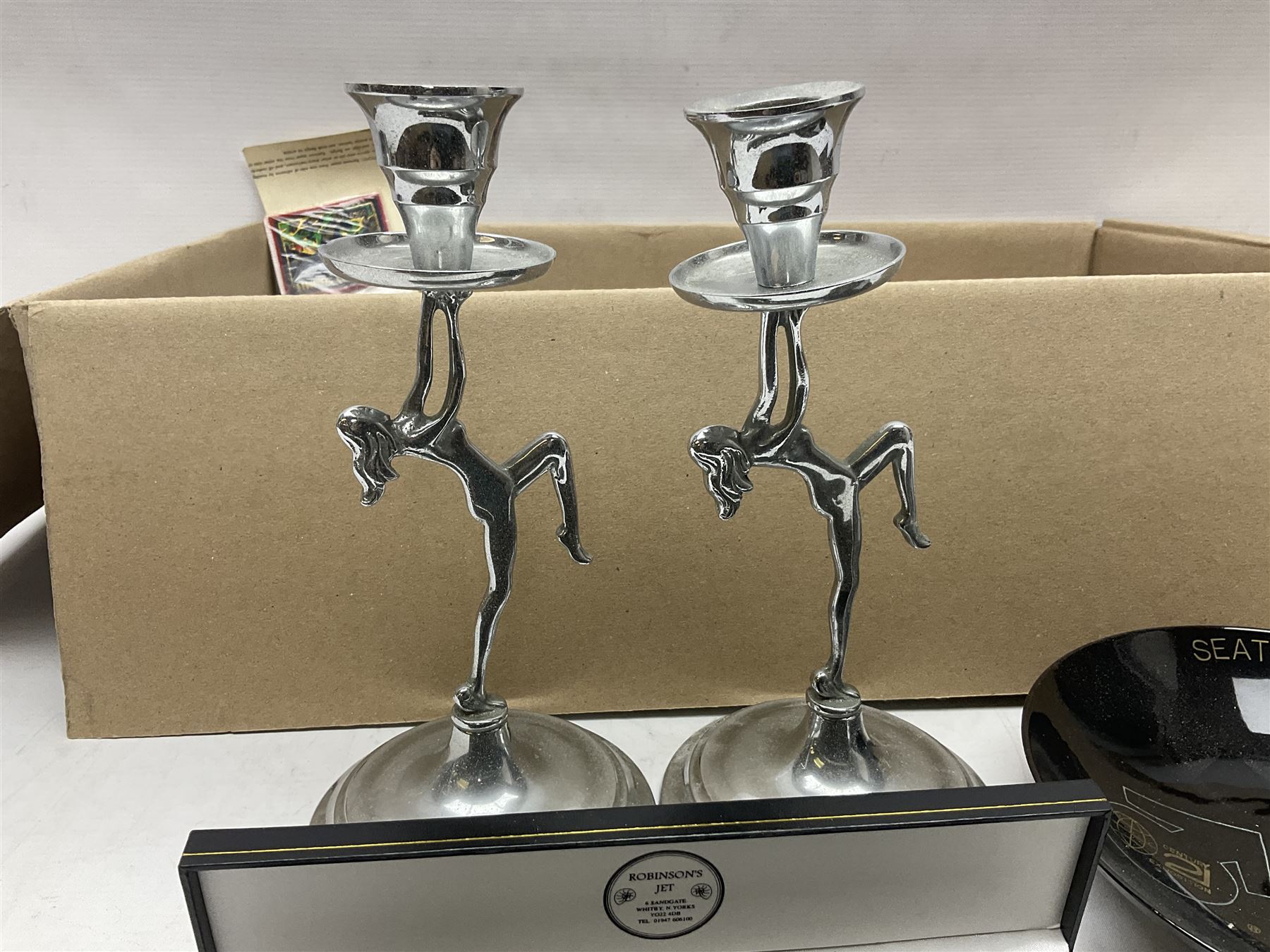 Silver Whitby jet bracelet, Parker Duofold fountain pen with 14ct gold nib, pair of chrome Art deco style candlesticks, wristwatches, costume jewellery and other collectables