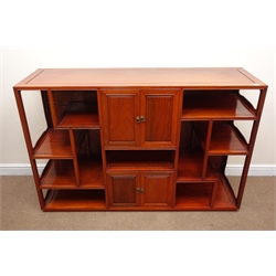  Chinese rosewood shelving display cabinet with four cupboard doors on plinth base, W164cm, H108cm, D50cm  