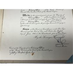 George VI Knight of the Garter cloth beret insignia with pin back and photograph of the Knight's Robes; Edmund Fellowes book on The Knights of the Garter 1348-1939; together with EIIR civilian OBE certificate to Jeffery Stanford Agate with facsimile signatures of Elizabeth II and Prince Philip
