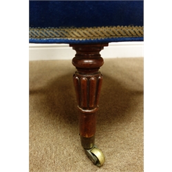  19th century mahogany open armchair, shaped back upholstered in blue, turned angular out splayed supports with brass castors, W58cm  