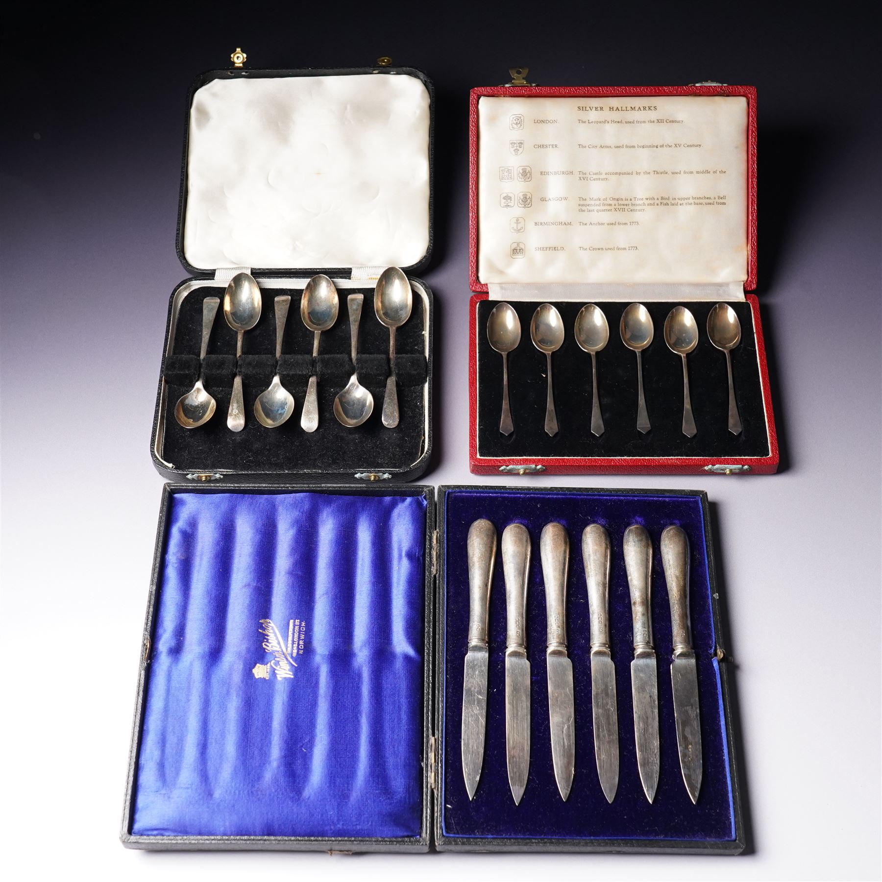 Set of six silver coffee spoons with examples of various British hallmarks , boxed, a set of six silver coffee spoons Sheffield 1925 Maker John Round & Son Ltd and six silver handled pastry knives