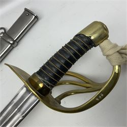 Early 19c French 1st Empire Heavy Cavalry trooper's sword, the 95.5cm double fullered blade with various stamped marks and inscribed Klingenthal 1814 to the back edge, four-bar brass hilt with wire-bound leather grip, knucklebow numbered 139; in polished steel scabbard with two suspension rings L117cm overall