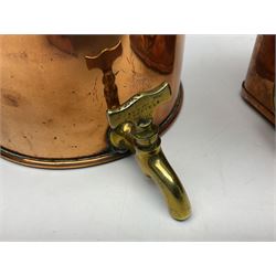 Victorian copper hot water urn, the body of plain cylindrical form with brass tap, the slightly domed lid with brass finial, together with a rectangular copper planter, with twin brass lion mask handles, urn H35cm