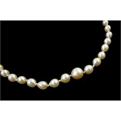 19th / early 20th century single strand graduating pearl necklace, with silver and gold pearl clasp