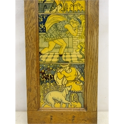  Four W.B Simpson & Sons tiles, three painted with Medieval figures and another depicting Aesop's Fables 'The Wolf and the Crane', framed as one, 71.5cm x 22cm overall. Provenance: From a Private Yorkshire Collector  