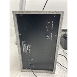 Yamaha Tyros 4 Digital Workstation keyboard with three-piece Option Speaker System TRS-MS04, foot control, various cables and stand; together with a Peavey microphone stand and Shure SM58S microphone