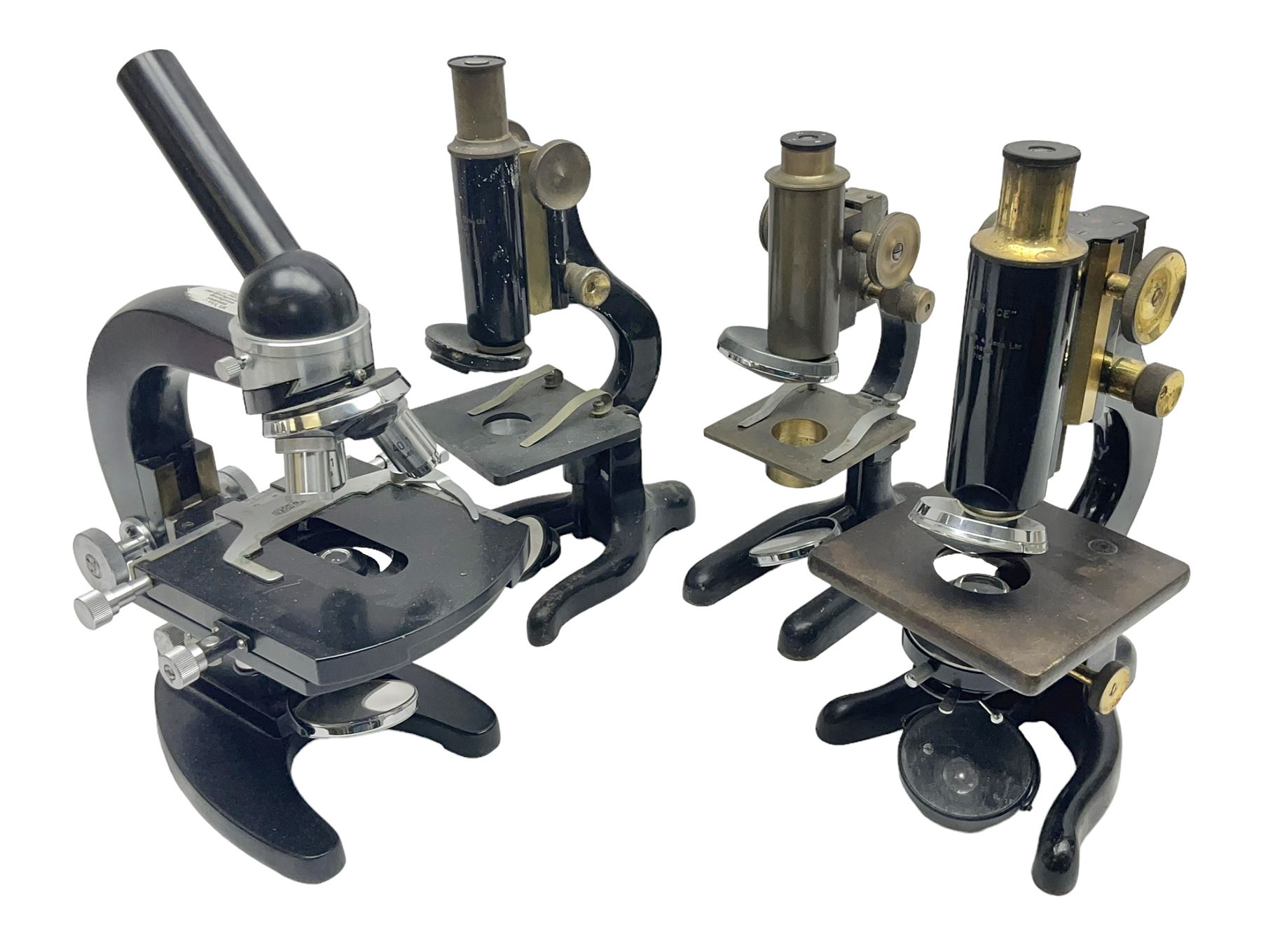 Four microscope, comprising W.J George Ltd, Watson Service 716606, Meopta no 230087 and one other  