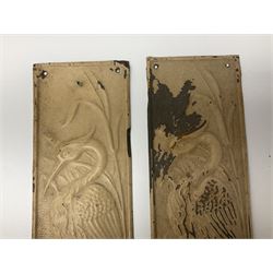 Set of five brass pierced door plates, together with four door plates cast in low relief with herons among reeds, pierced plates H52cm