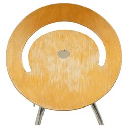 Lyra - set of three bar stools, dished plywood seats with wraparound low backs and crescent apertures, on outward swept chrome supports with contrasting black footrests