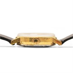 Omega gentleman's gold-plated and stainless steel automatic wristwatch, silvered dial with baton hour markers an date aperture, on black leather strap, boxed
