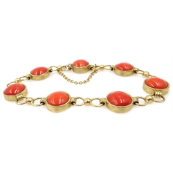  Circular coral link gold necklace, mother of pearl back, matching bracelet and stud ear-rings, all hallmarked 9ct  