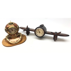  Copper and brass divers helmet clock on oblong oak plinth H20cm and another in the form of an Aeroplane (2)  