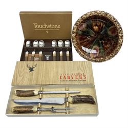 Boxed set of six Denby Touchstone stoneware handled stainless steel spoons; boxed antler handled 3-piece carving set; and continental glazed shallow bowl (3)
