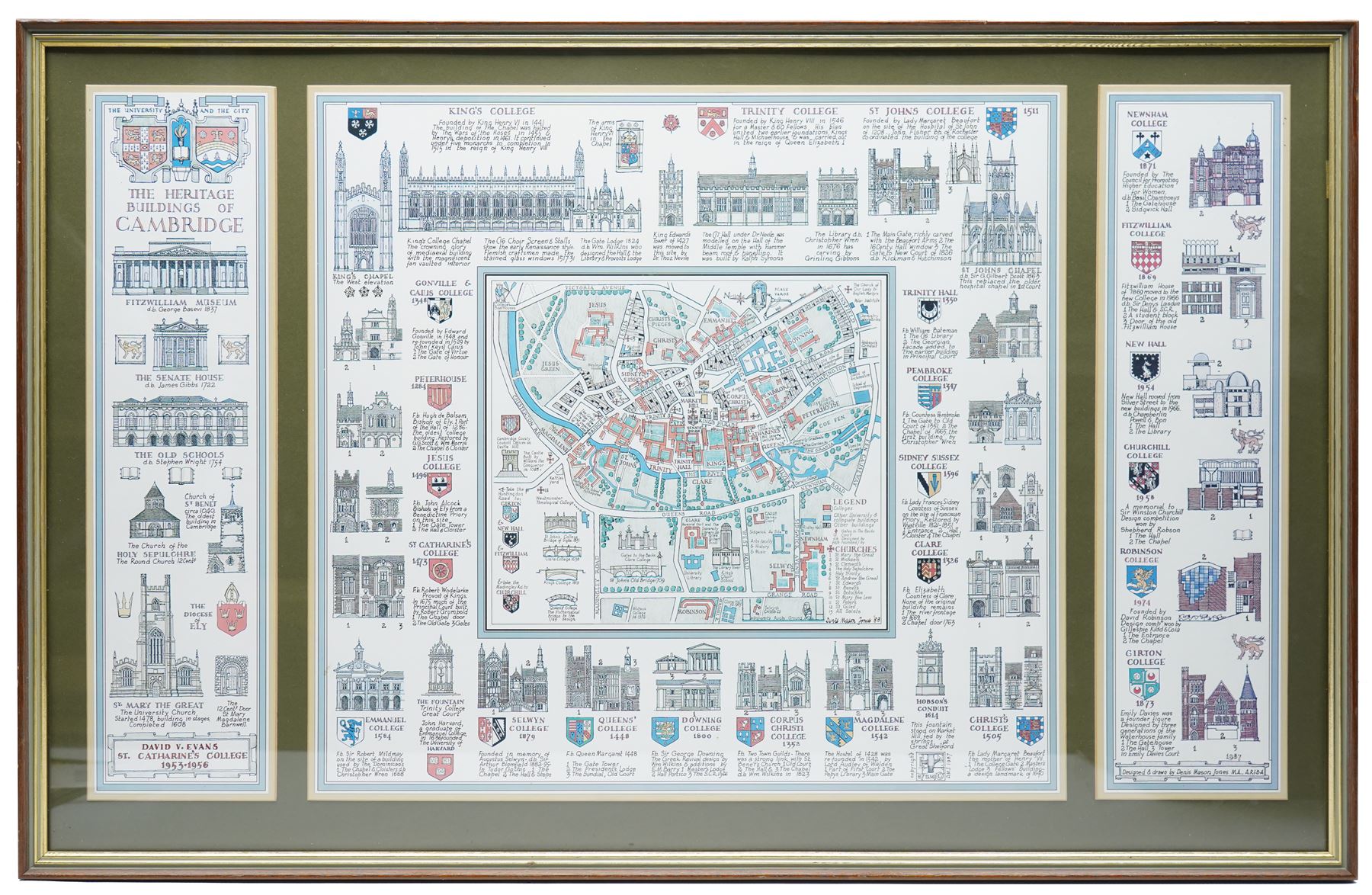 Denis Mason Jones (British 1918-2010): 'The Heritage Buildings of Cambridge' and 'The Heritage Buildings of the City of Leeds', pair pictorial colour maps 45cm x 75cm (2)